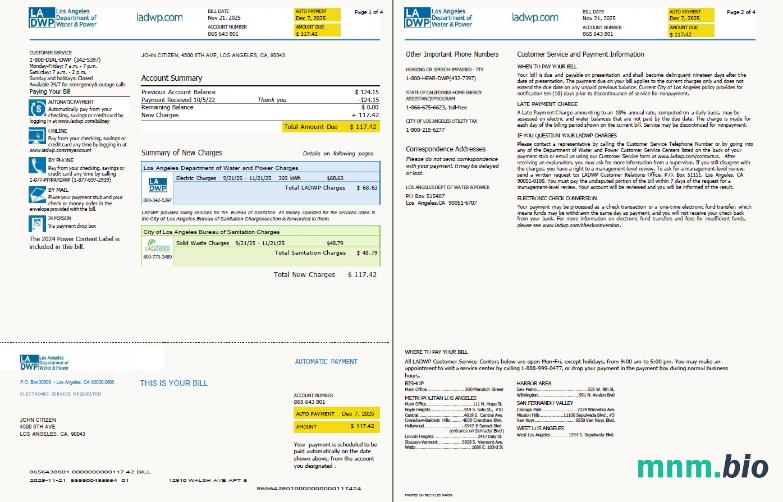 Szablon rachunku za media USA LA DWP w formatach Word i PDF, 4 strony, Wersja 2, 1-2 strony
